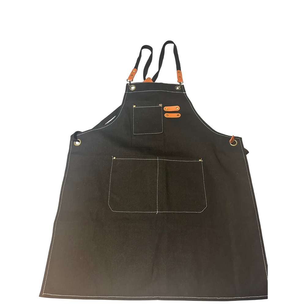Black Canvas Bib Apron Adjustable Cross Back Straps Workshop Kitchen Utility